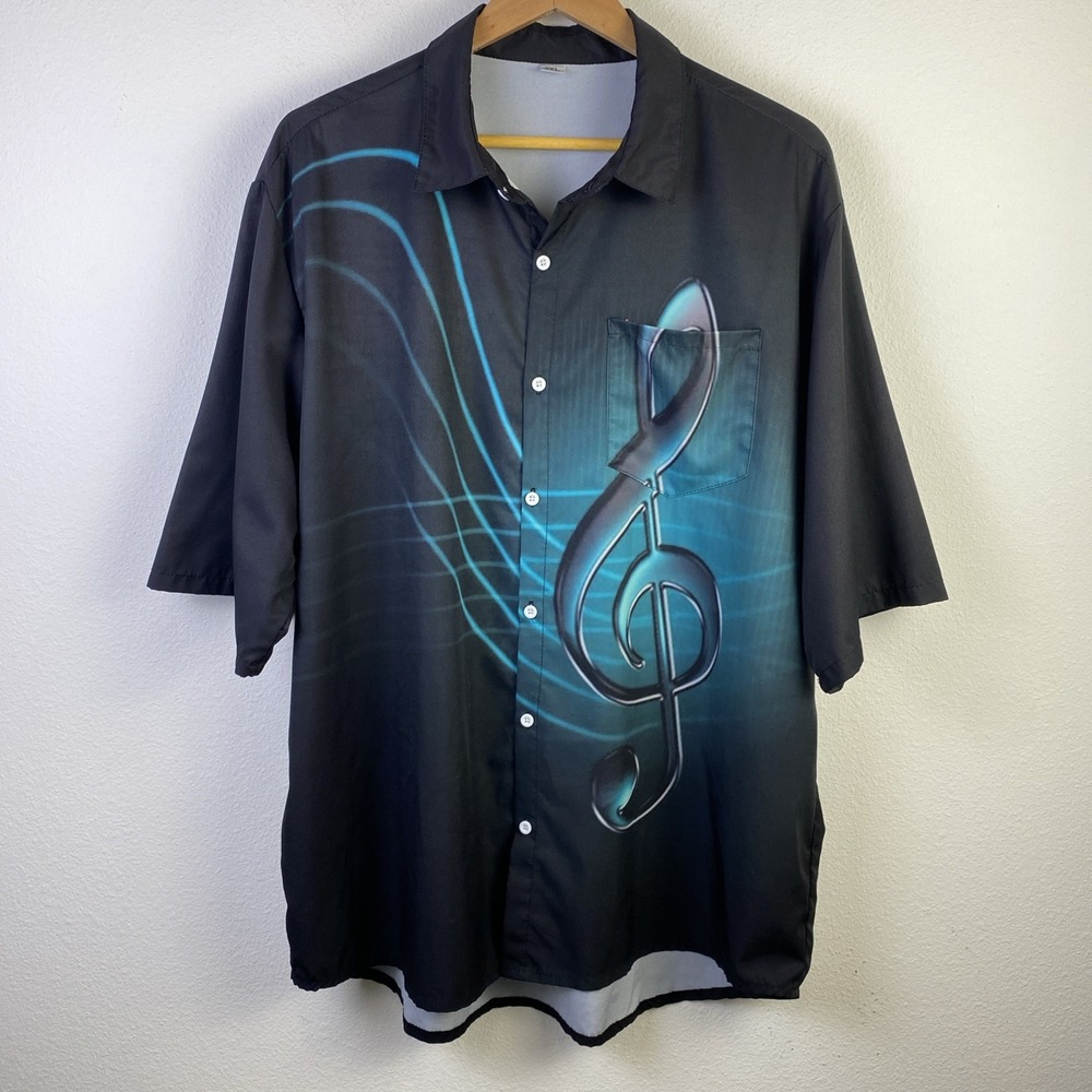 Hawaiian Shirts Men 2XL Black Teal SS Button Up Music Note Graphic Camp Beach - Picture 3 of 10
